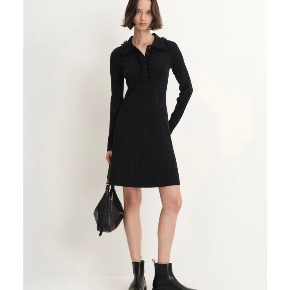 Aritzia Sunday Best Black Ribbed Knit Collar Polo Midi Dress Long downtown girl